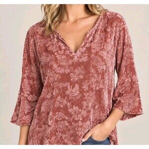 Sundance Silk Blend Floral Burnout Velvet Flowy Asymmetrical Top Pink Orange - L